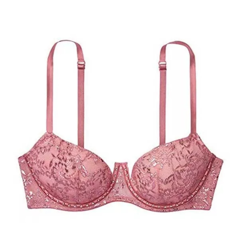 Victorias Secrets Very Sexy Soft Begonia Shine Lace Rhinestone Balconet Bra